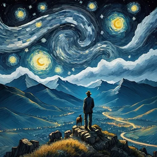 Prompt: A man standing on the top of the moutain (side view) and starry night van gogh style in the sky. A lot of star and white cloud on the sky 