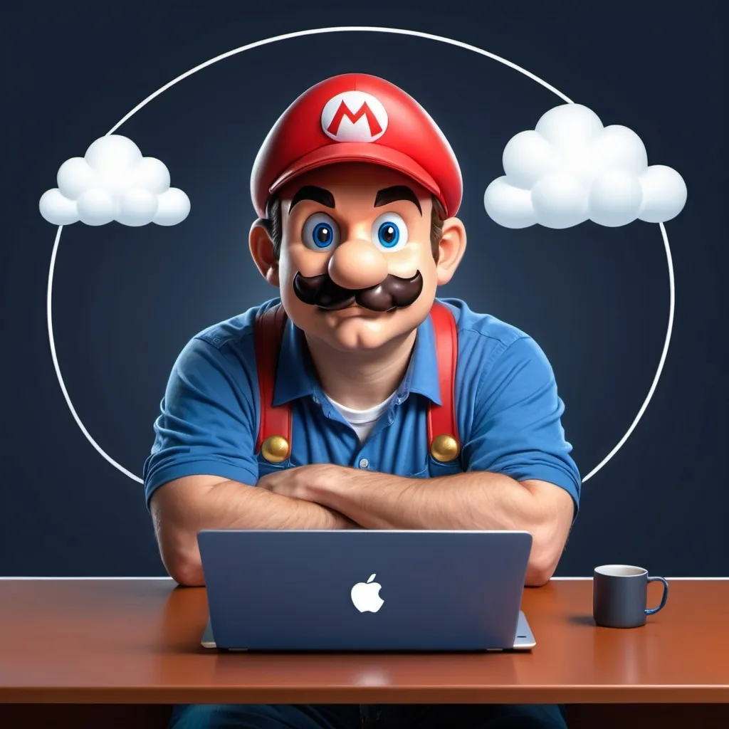 Prompt: It architect sitting behind laptop. Thinking about cloud architecture, telecom, ucaas, microsoft teams, zoom phone. Cartoon style like mario brothers