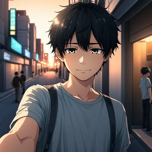 Prompt: Shy Japanese boy taking a casual selfie, black hair, soft lighting, anime style, modern urban setting, smartphone, shy expression, subtle smile, casual attire, highres, detailed eyes, anime, soft lighting, urban, modern, casual