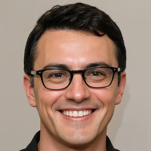 Prompt: "A detailed realistic portrait of a smiling man with short wavy black hair, wearing glasses with thick frames. He has an oval-shaped face with a slightly pointed chin, thick black eyebrows, medium-sized eyes, and a proportional medium-sized nose. His skin is light brown, his lips are medium-sized, and he is showing his teeth while smiling. He is wearing a black shirt."
