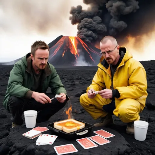 Prompt: Jesse pinkman cooking a grilled cheese sandwich in an active volcano while playing cards with Walter white