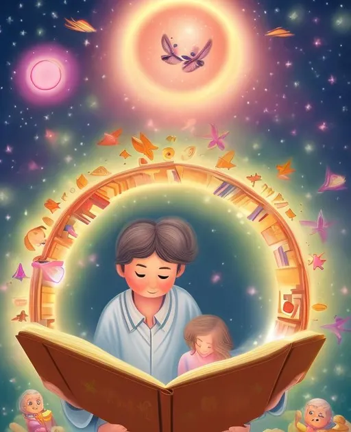 Prompt: Grandfather gives a 4-years old granddaughter a book, he is in center of light, like this book is somethinf divine. Illustration