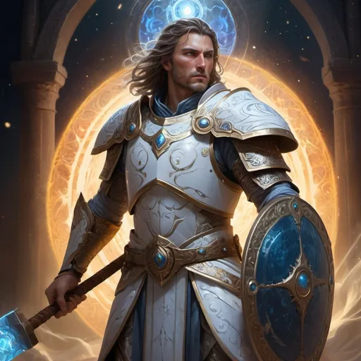 Prompt: (lunari cleric wielding a hammer and shield), (fantasy character), white male, intricate armor details, ethereal glow surrounding him, celestial elements in the background, vibrant colors, dramatic lighting, intense expression of determination, mystical aura, HD, ultra-detailed, ready for battle, captivating atmosphere, (inspired by lore)