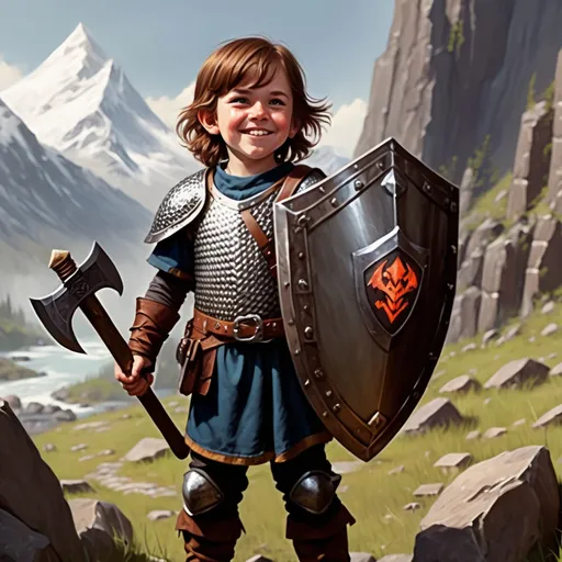 Prompt: Dwarf boy child, seven years old, dungeons and dragons, brown hair, chainmail, holding a large axe and shield, majestic, mountain, stocky, happy