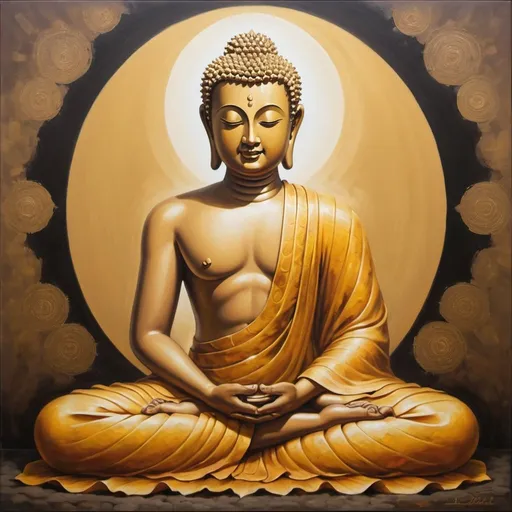 Prompt: In a tranquil pose, Buddha sits cross-legged in deep meditation. His serene expression radiates peace and wisdom, embodying enlightenment and inner stillness. This exquisite painting captures every intricate detail: the gentle curve of his smile, the compassionate eyes closed in reflection, and the golden aura glowing around his figure. The artist's skillful brush strokes bring a sense of divine presence, making this masterpiece a truly mesmerizing work of art.