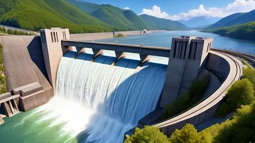 Prompt: a massive hydroelectric dam with rushing water and a scenic mountain landscape in the background   on the front right should be  another landscape

