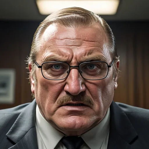 Prompt: Angry boss with Gerard Depardieu and Charles Bronson vibes, heavyset, broad-shouldered, buzz cut, receding hairline, cop mustache, black-rimmed square bifocal glasses, intense and focused gaze, professional, detailed eyes, highres, realistic, dramatic lighting