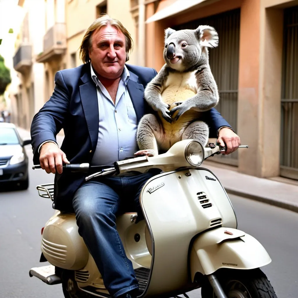 Prompt: Gerard Depardieu and his pet koala hanging from his neck flee on a Vespa from 12 emus running full speed