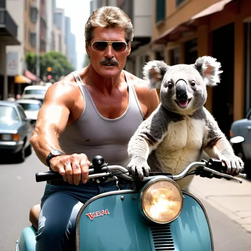 Prompt: Bare chested david Hasselhoff with crew cut gray hair and  cop mustache and reading glasses and his pet koala on Vespa being chased by women in yoga tights