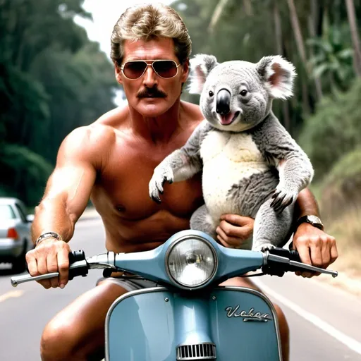 Prompt: Bare chested david Hasselhoff with crew cut gray hair and  cop mustache and reading glasses and his pet koala on Vespa being chased by women in yoga tights