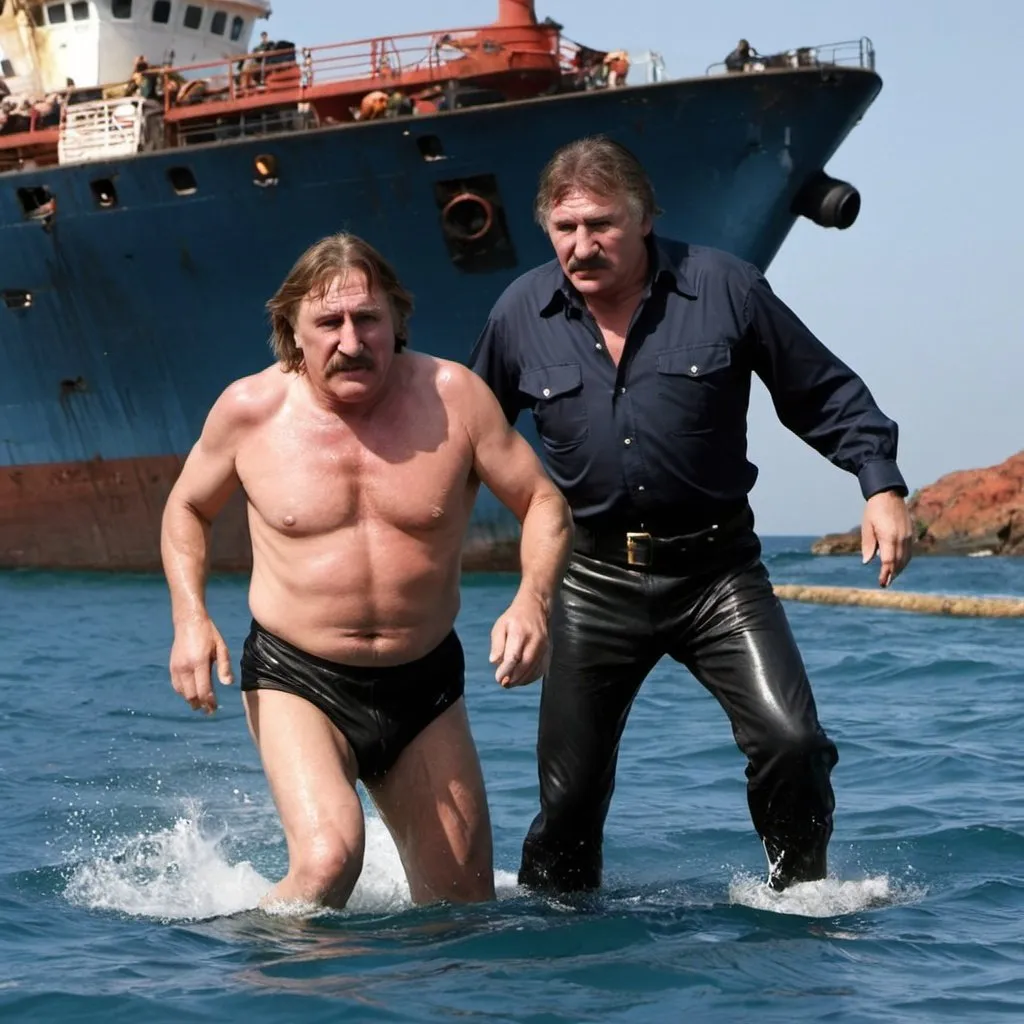 Prompt: Gerard Depardieu and Charles Bronson narrowly dive into bay to avoid exploding ship