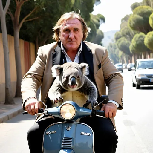 Prompt: Gerard Depardieu and his pet koala hanging from his neck flee on a Vespa from 12 emus running full speed