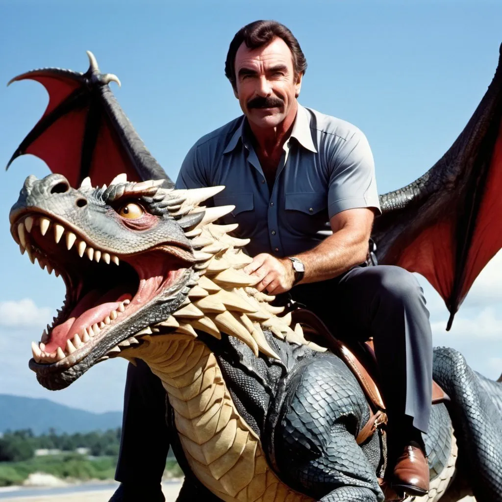 Prompt: Tom Selleck riding a dragon 