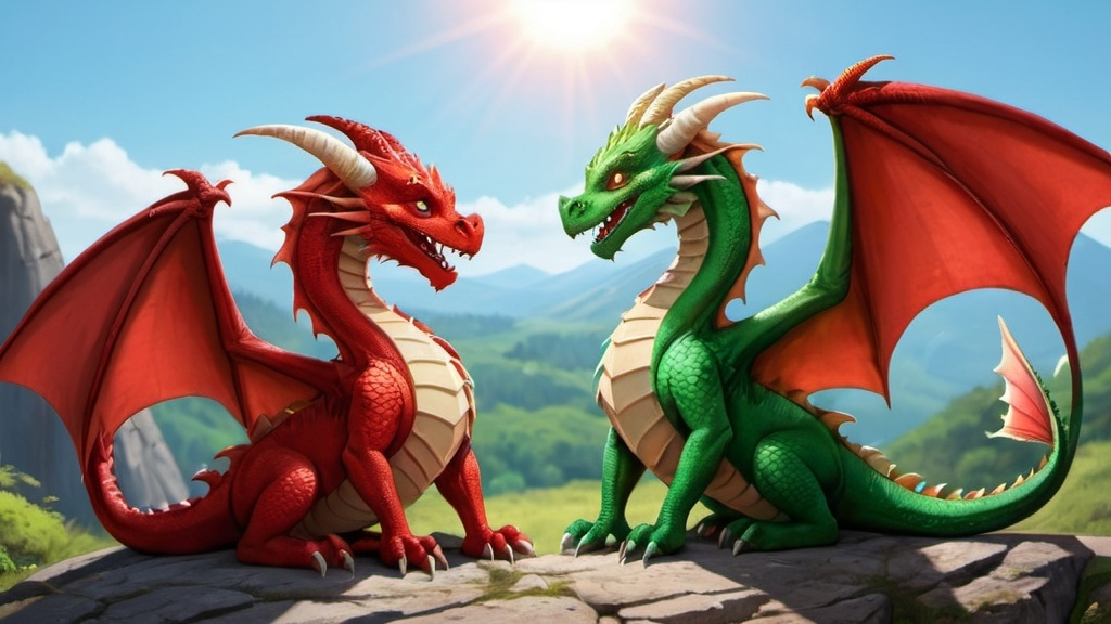 Prompt: two dragons sitting on a hill next to eachother on a sunny day. they are happy. one is green and the other is red in a wings of fire style
