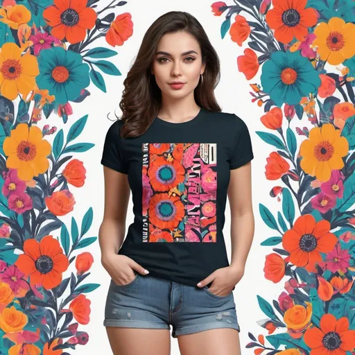 Prompt: Highly sellable women's t-shirt design, vibrant and eye-catching, bold typography, floral motifs, trendy color palette, premium quality, fashion-forward, stylish and chic, artistic illustrations, attractive and appealing, contemporary design, attractive design, trendy, floral patterns, elegant, statement piece, fashion illustration