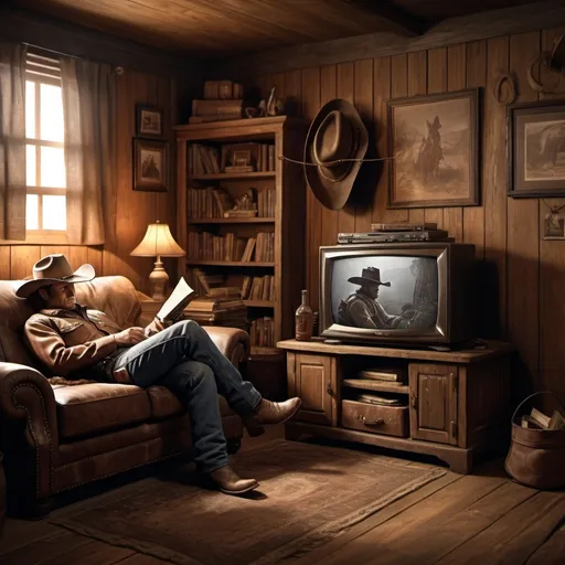 Prompt: Cowboy watching television
