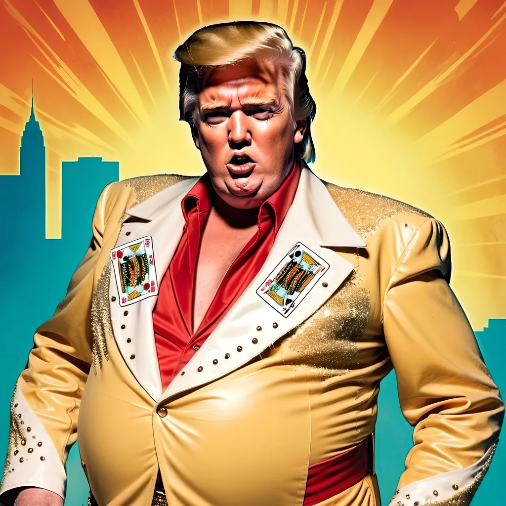 Prompt: Donald Trump as fat Elvis looking old and gross with big blond sideburns in Las Vegas Elvis costume, in the style of Jack Kirby and Wally Wood, 1940s vintage comic, faded colors