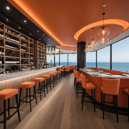 Prompt: create a modern, light but luxury wine bar & restaurant with sea view 
- orange color 