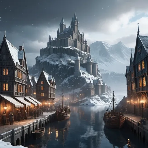 Prompt: (city of the North in a Game of Thrones, A Song of Ice and Fire) inspired setting, snowy city, tall walls, harbor, city life, heavily detailed, high depth, dramatic cool tones, mist-covered streets, lively atmosphere, ultra-detailed buildings, medieval architecture, bustling harbor with ships, deep blue skies with snowflakes falling, frosty trees, cinematic masterpiece, 4K resolution, vibrant reflections, epic fantasy scenery, trending on artstation, digital rendering.