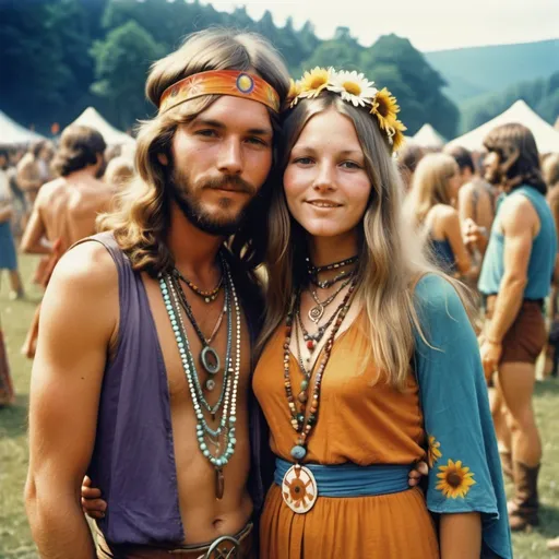 Prompt: a hippie couple on a festival, a photograph from 1970's