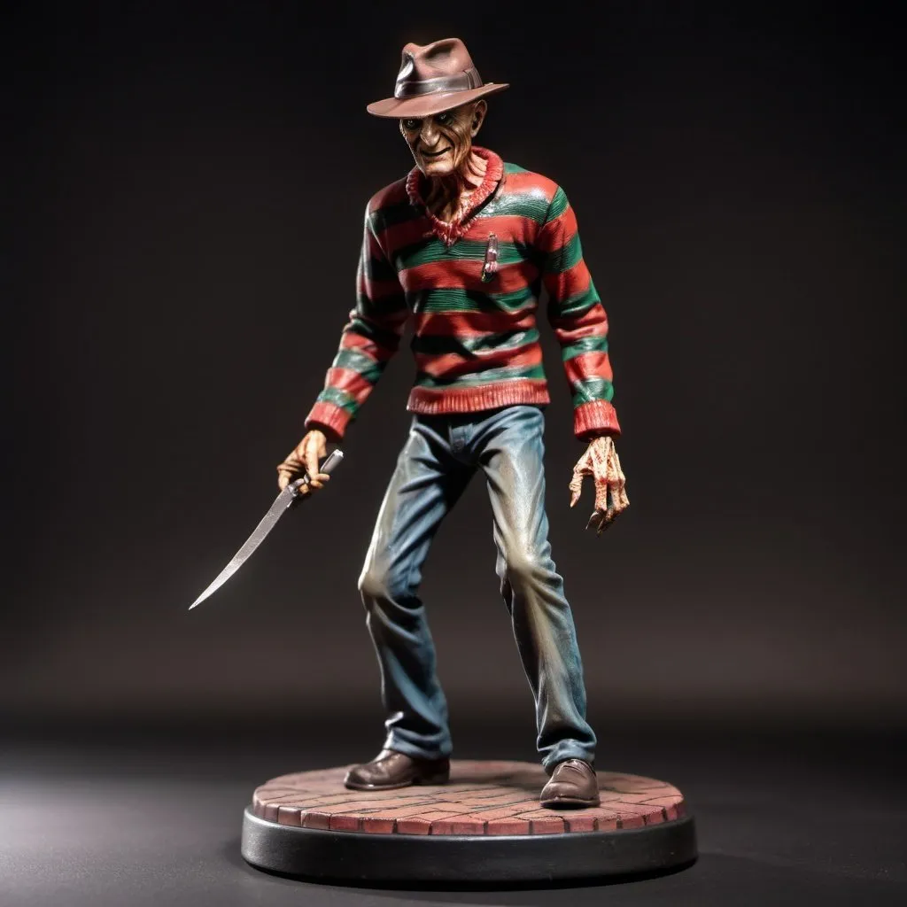 Prompt: figurine of Freddy Krueger , on a  base, full body, full body shot, depth of field,