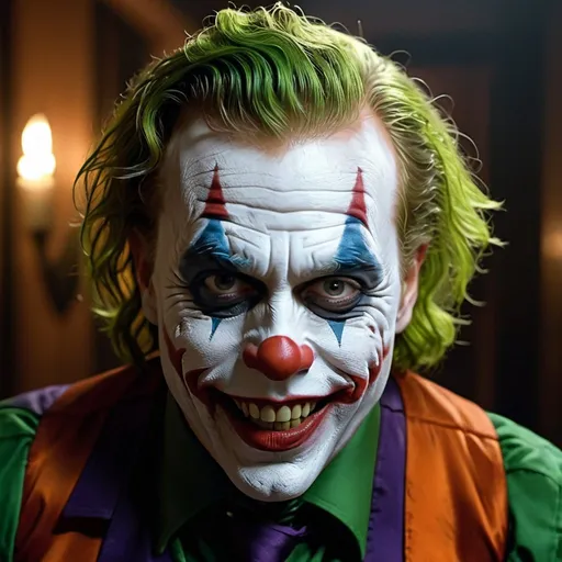 Prompt: horror, still shot of  Jocker in a haunted house, scary face, grinning, Hyperrealism, breathtaking, cinematic lighting, highly detailed, breathtaking, scary