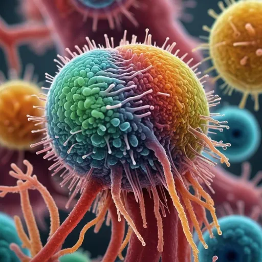 Prompt: colorful image of microbe internals, hairy, wet surface, bokeh effect, 4k, hyperrealistic, photo