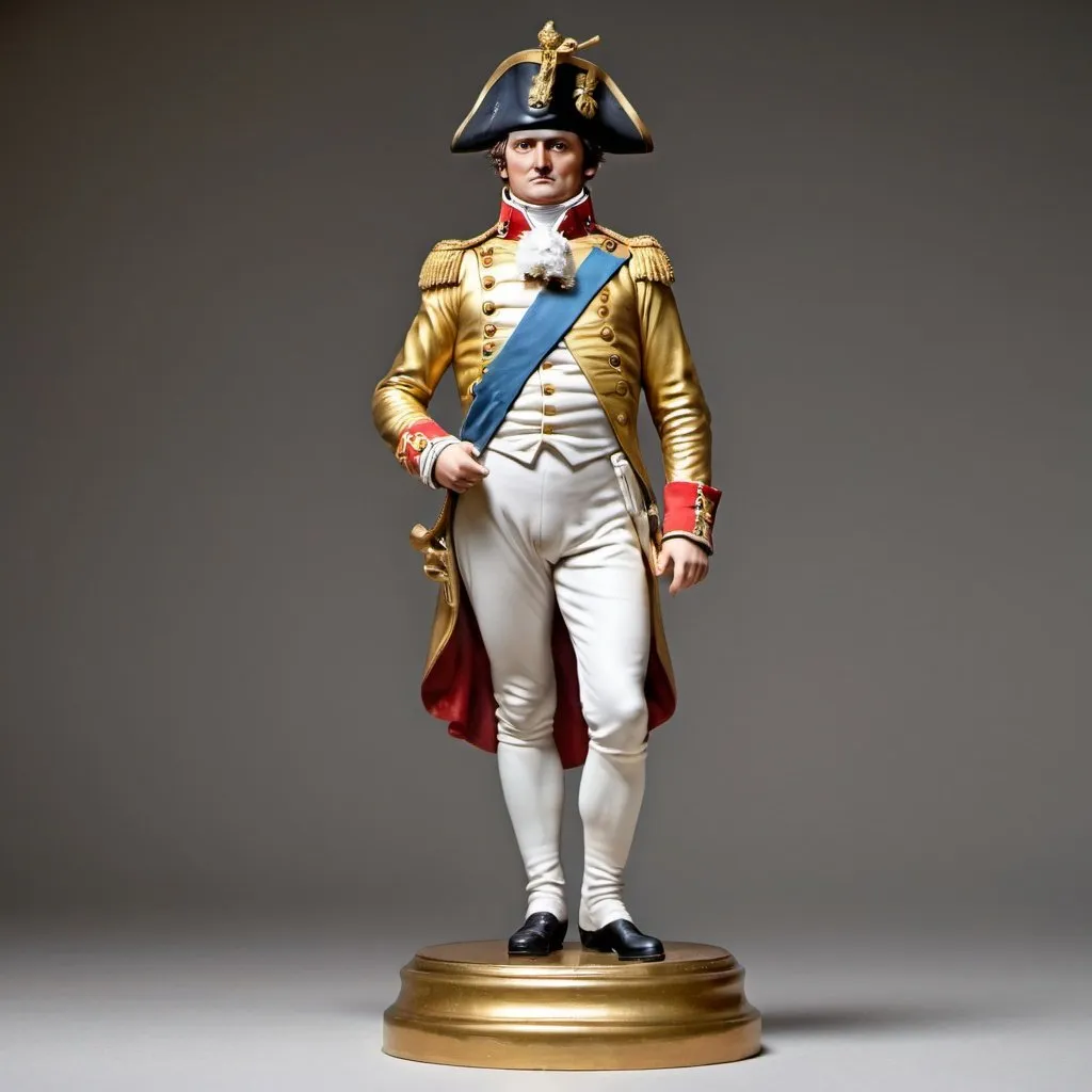 Prompt: golden figurine of a stocky Napoleon, on a  base, full body, full body shot, perfect face, depth of field,