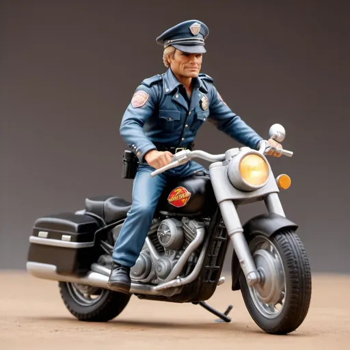 Prompt: figurine of Terence Hill as Supercop on a motorcycle, on a  base, full body, full body shot, depth of field,