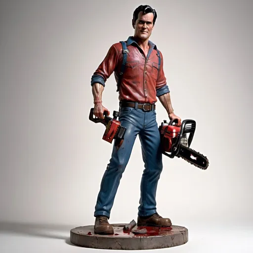 Prompt: figurine of Ash ((from Evil Dead)) holding a chainsaw,  on a  base,physically based rendering, full body, full body shot, depth of field,