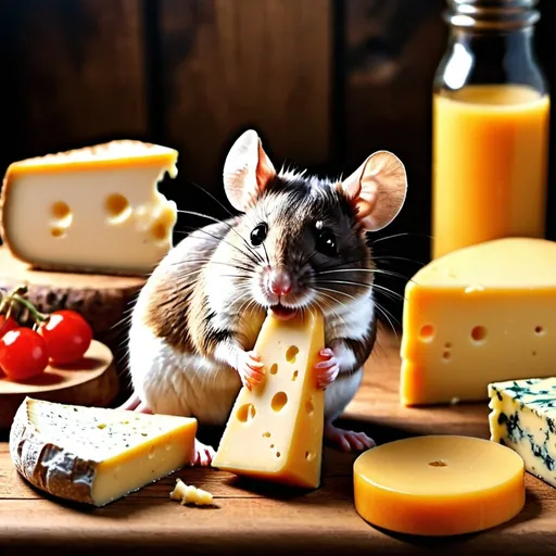 Prompt: a mouse sitting on a wooden table eating cheese , table is full of other luscious food