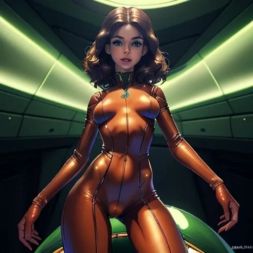 Prompt: ultra-realistic, 4k, masterpiece, high detailed skin, high quality, cute, green eyes, petite, very dynamic pose, petite body, tight bodysuit, highly detailed red suit, light camel toe, on spaceship, wide, big lips, dark hair, 