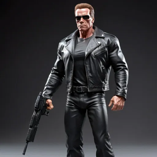 Prompt: figurine of Arnold Schwarzenegger as Terminator, wearing black leather, on a  base, full body, physically based rendering, full body shot, depth of field,