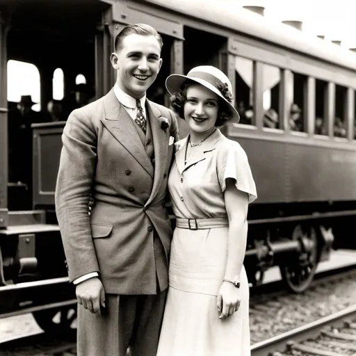 Prompt: a happy couple before a train, a photograph from 1930's