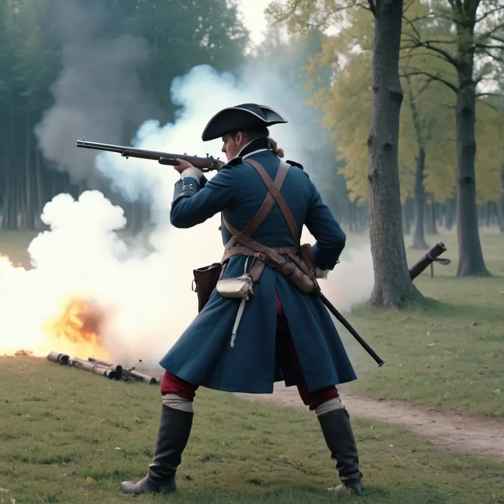 Prompt: A soldier in 17 century environment shooting a musket at the enemy, 4k,  