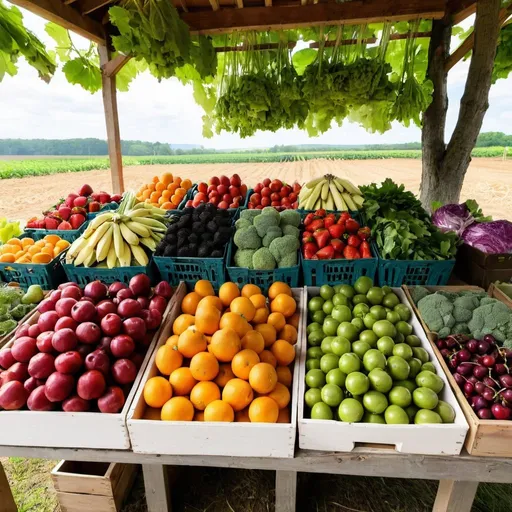 Prompt: a farm stand with fresh fruit and vegetables