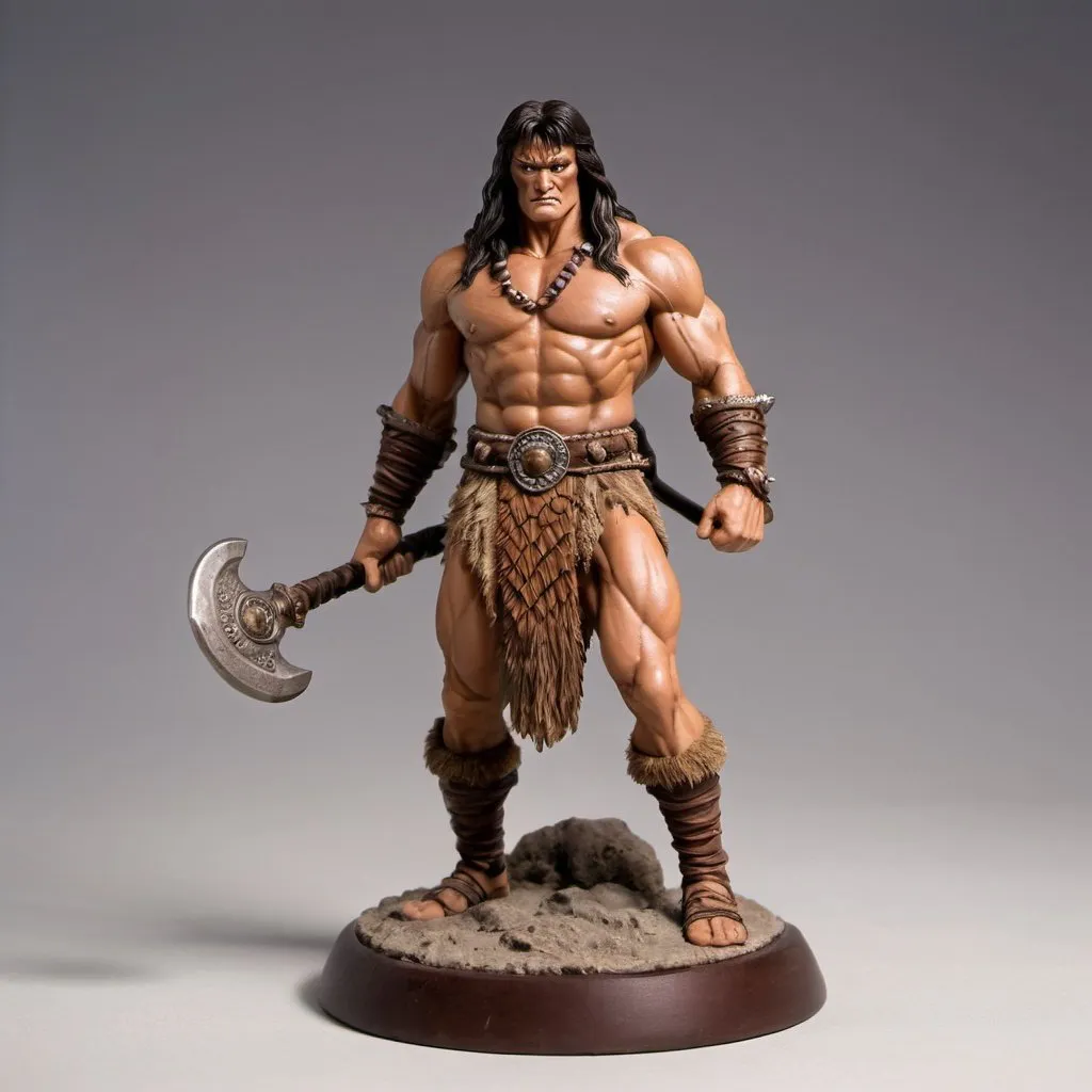 Prompt: figurine of Conan the Barbar, on a  base, full body, full body shot, depth of field,