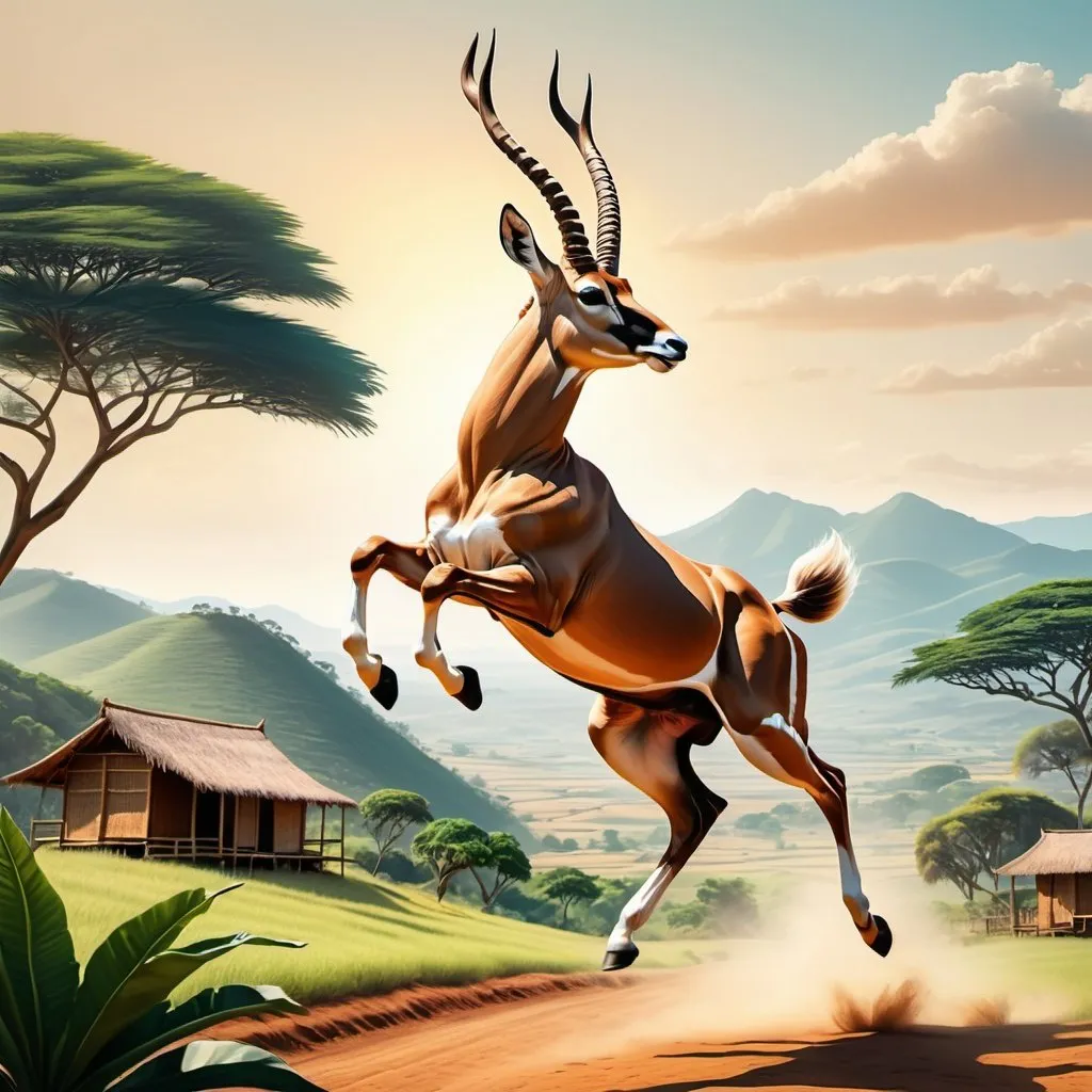 Prompt: an elegant antilope jumping, with background  of tropical farmland, hills and huts in the distance, realistic drawing style