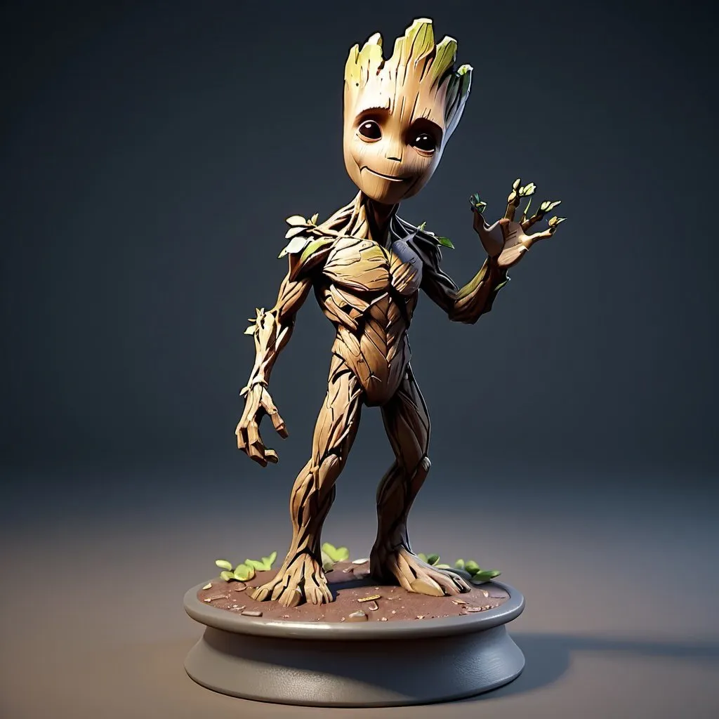 Prompt: figurine of Groot, on a  base, full body, physically based rendering, full body shot, depth of field,