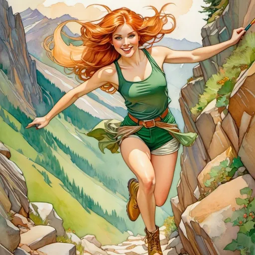 Prompt: UHD facial features, extreme action pose, mixed media artwork of an alluring, beautiful, smiling green eyed long reddish-blonde hair woman, 20s, in  short green pants and gold top, pale legs, ankle boots, running up a steep rocky path, featuring colored pencils, color ink, watercolor, and gouache