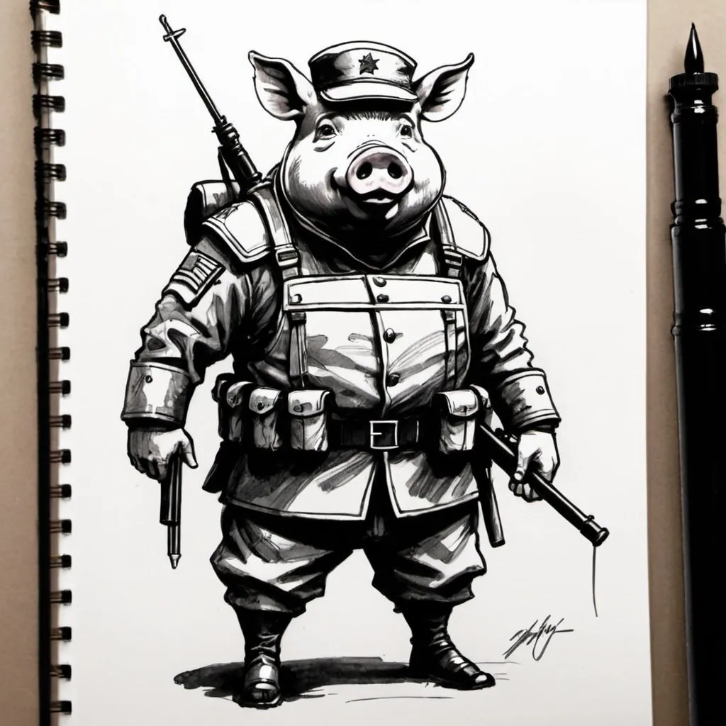 Prompt:  ink sketch of a swine soldier