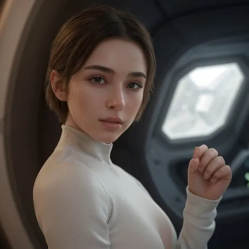 Prompt:  ultra-realistic, 4k, girl holding her finger on her lips, masterpiece, high detailed skin, high quality, cute eyes, petite dynamic pose, petite body, tight bodysuit, highly detailed suit, on spaceship, short hair, 