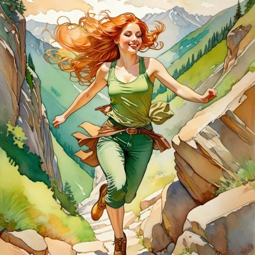 Prompt: UHD facial features, extreme action pose, mixed media artwork of an alluring, beautiful, smiling green eyed long reddish-blonde hair woman, 20s, in  short green pants and golden top, pale legs, ankle boots, running up a steep rocky path, featuring colored pencils, color ink, watercolor, and gouache