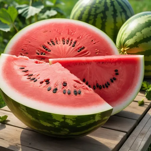 Prompt: a juicy sliced watermelon, in a harmonious environment on a farm