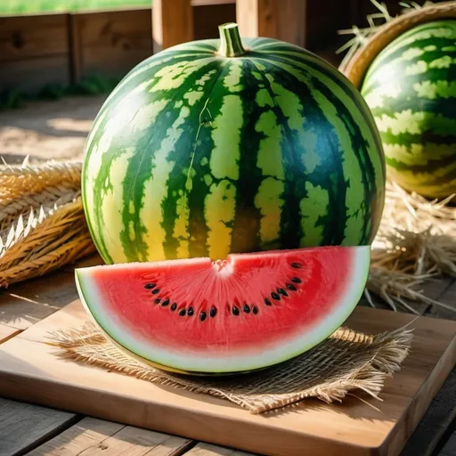 Prompt: a juicy sliced realistic watermelon, in a harmonious environment on a farm, hay