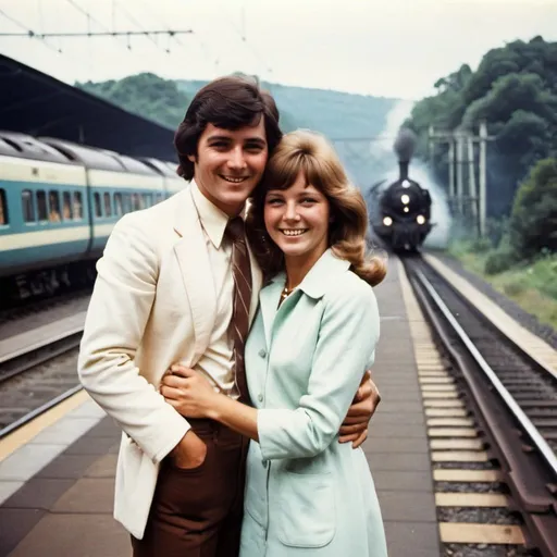 Prompt: a happy couple before a train, a photograph from 1970's