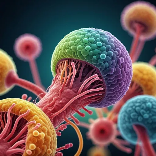 Prompt: colorful image of microbe internals, bokeh, 4k, realistic, photo