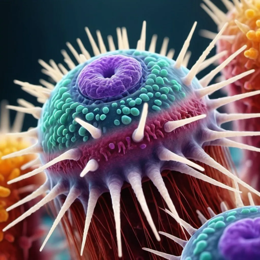 Prompt: colorful image of microbe internals, spikes, hairs, bokeh, 4k, realistic, photo
