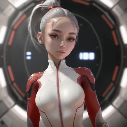 Prompt: ultra-realistic, 32k, masterpiece, high detailed skin, high quality, cute, petite, dynamic pose, cutie face, petite body, long eyelashes, grey eyes, high ponytail, tight white and red bodysuit, highly detailed suit, on spaceship, wide