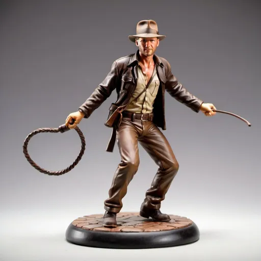 Prompt: figurine of Indiana Jones swinging a whip, on a  base, full body, full body shot, depth of field,